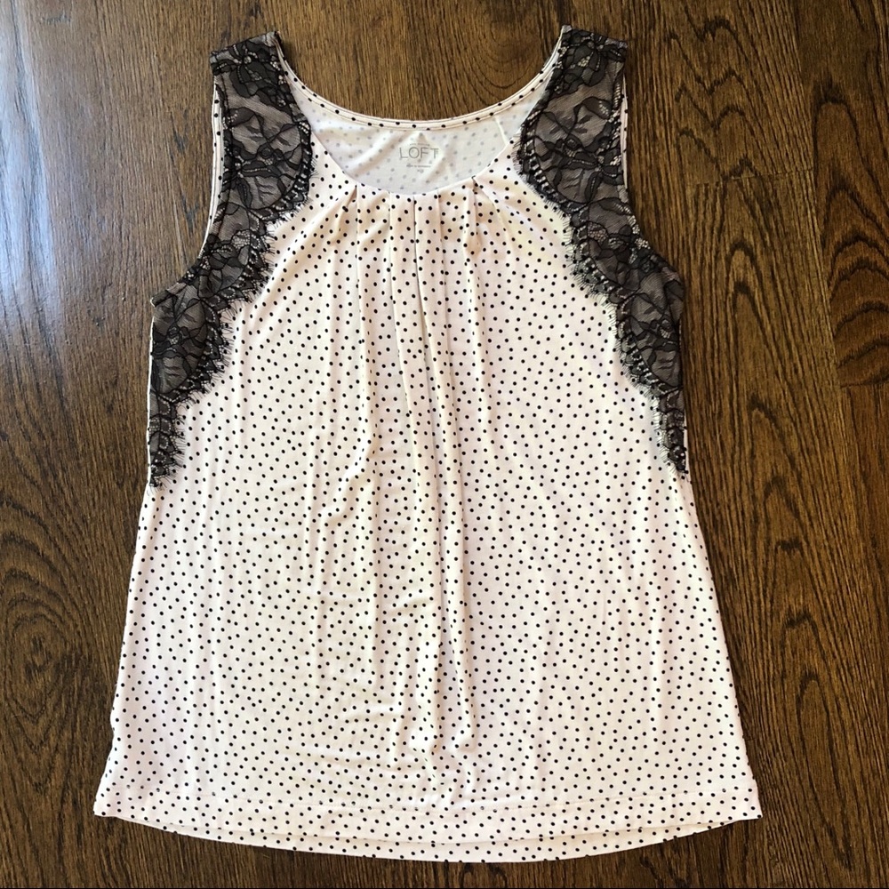 LOFT Polka Dot Tank with Black Lace Accents